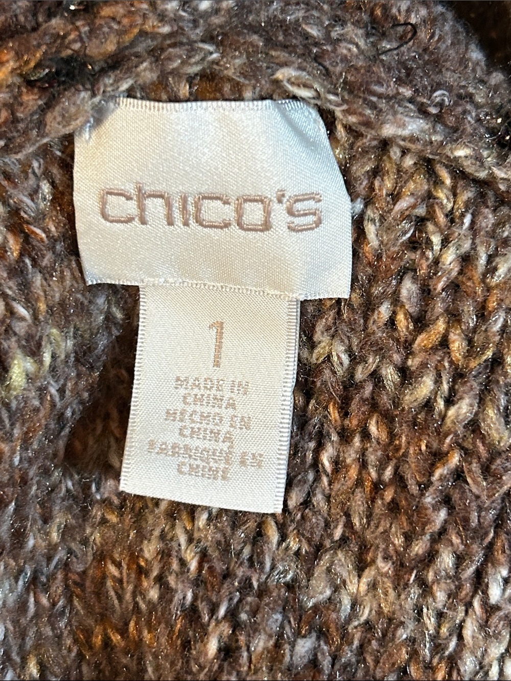 Chico's 1 Women’s Sz M Open Front Sweater Cardigan Brown w/Metallic Highlights - Picture 3 of 7